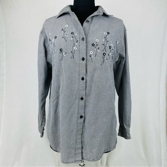 Casey And Max Women's Large Plaid Embroidered Floral Button Up Top Long Sleeve - Picture 2 of 9